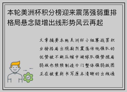 本轮美洲杯积分榜迎来震荡强弱重排格局悬念陡增出线形势风云再起